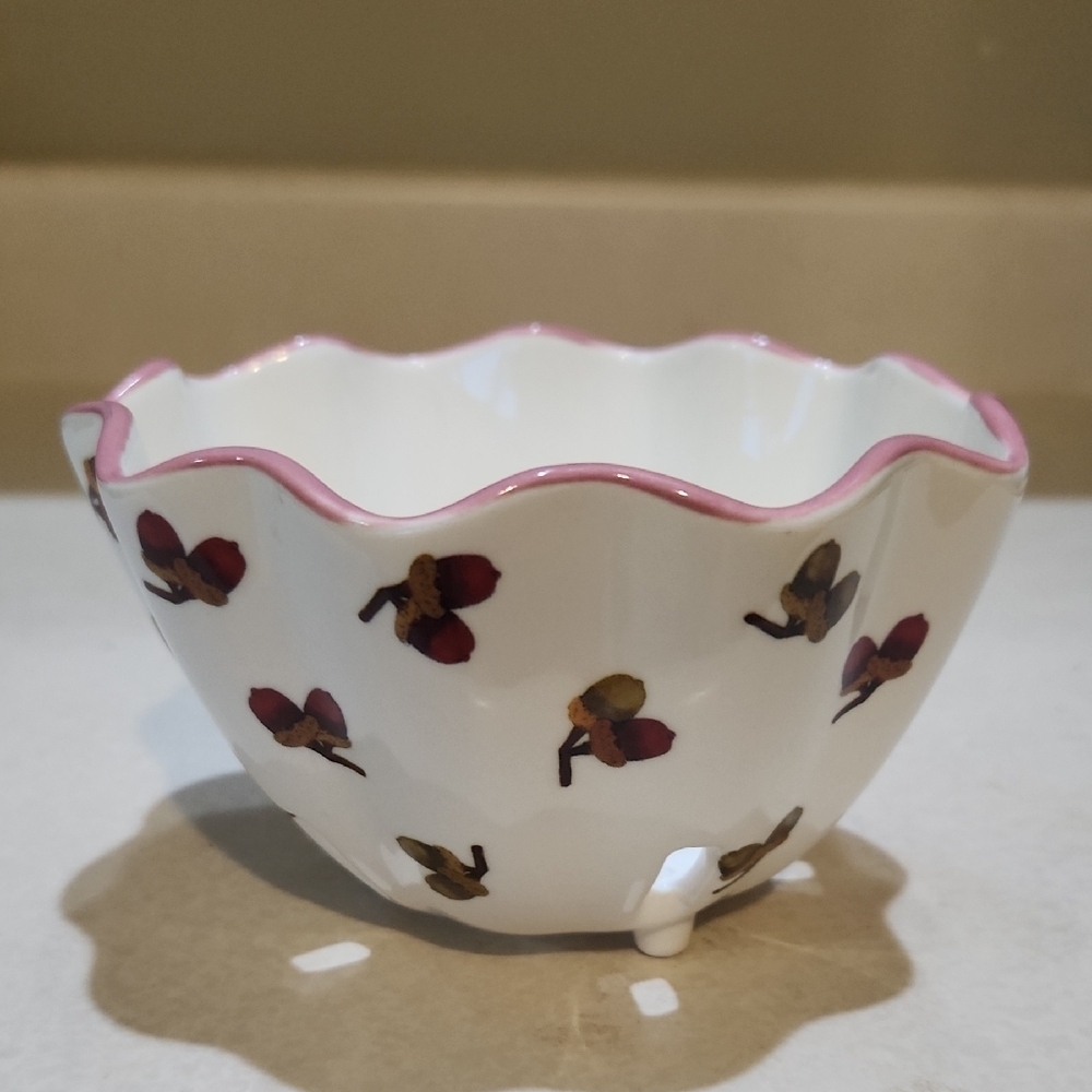 Anthropologie Scalloped Edge Footed Trinket Ceramic Bowl  Pink Rim And Acorns